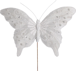 7 Inch White Feather Glitter Butterfly Decorative Pick 6pk