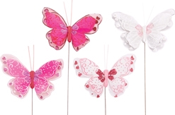 4 Inch Feathers & Lace Butterfly Decorative Pick 12pk