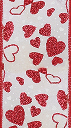 20 Yd Wired #40 Red Hearts on White Fabric Ribbon