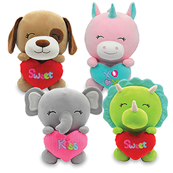 10.5 Inch Plush Valentine Spandex Animals with Hearts  4pk
