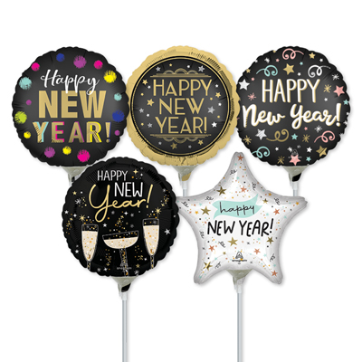 9 Inch New Year Pre-Inflated Mini Stick Balloons ProfitPak 30pk
