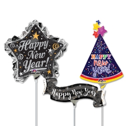 14 Inch New Year Pre-Inflated Minishape Stick Balloons ProfitPak 16pk