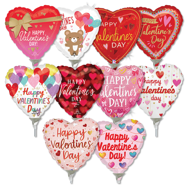 9 Inch Pre-Inflated Mini Valentine Stick Balloons 30pk - Balloons.com