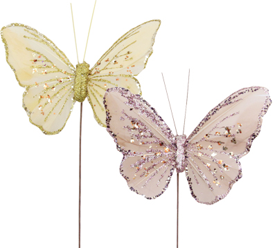 4 Inch Champagne & Gold Glitter Butterfly Decorator Pick 12pk