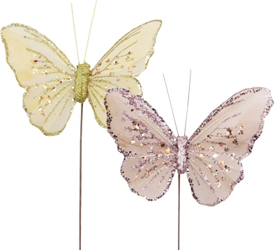 4" Champagne & Gold Glitter Butterfly Decorator Pick 12pk