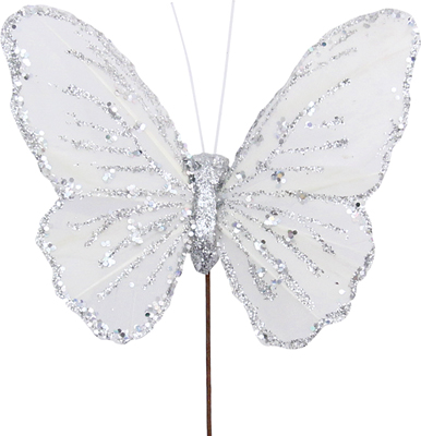 4 Inch White Feather Glitter Butterfly Decorative Pick 12pk