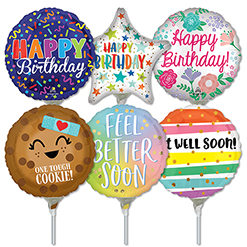 9 Inch Bithday & Get Well Pre-Inflated Mini Stick Balloons ProfitPak 30pk