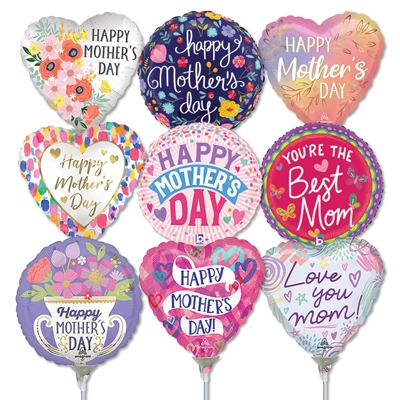 9 Inch Mother's Day Pre-Inflated Mini Stick Balloons ProfitPak 30pk