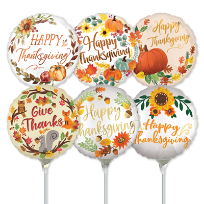 9 Inch Thanksgiving Pre-Inflated Mini Stick Balloons ProfitPak 30pk