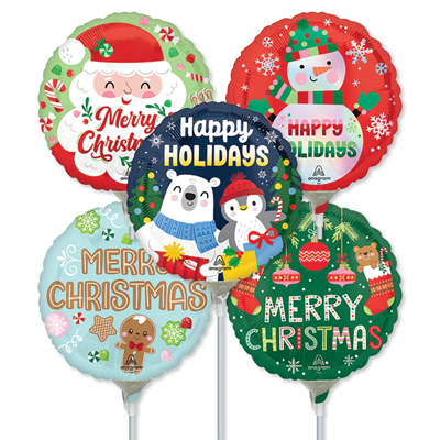 9" Christmas Pre-Inflated Mini Stick Balloons ProfitPak 30pk