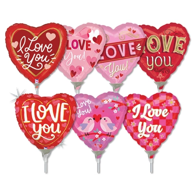 9" Love Pre-Inflated Mini Stick Balloons ProfitPak 30pk