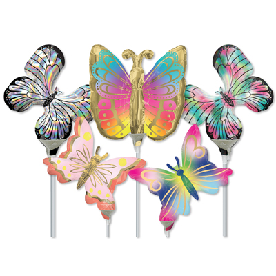 14 Inch Butterfly Assortment Pre-Inflated Minishape Stick Balloons ProfitPak 16pk