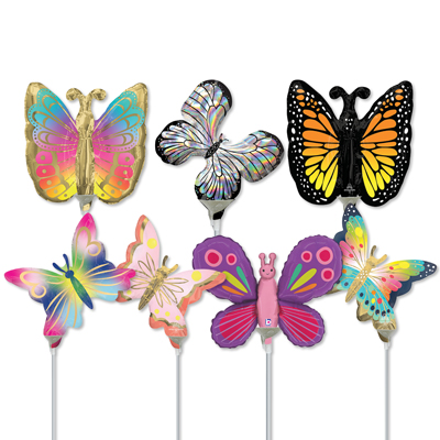 14 Inch Butterfly Assortment Pre-Inflated Minishape Stick Balloons ProfitPak 16pk