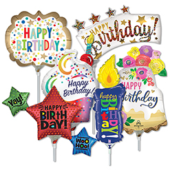 14 Inch Birthday Pre-Inflated Minishape Stick Balloons ProfitPak 16pk