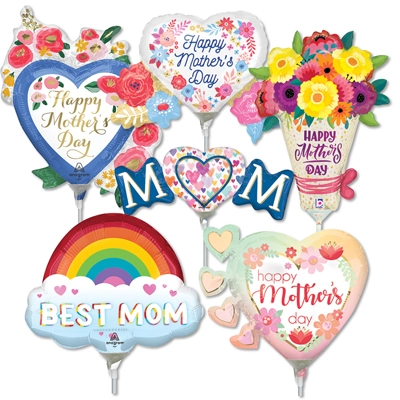 14" Mom Pre-Inflated Minishape Stick Balloons ProfitPak 16pk