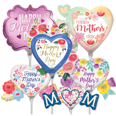 14 Inch Mothers Day Pre-Inflated Minishape Stick Balloons ProfitPak 16pk