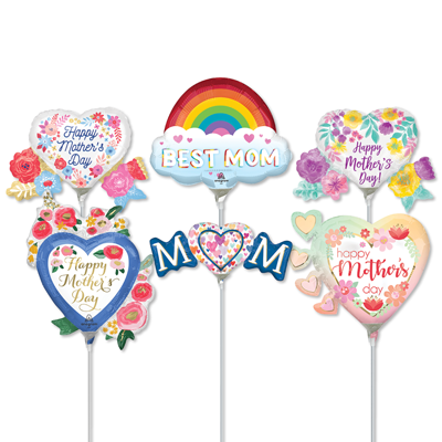 14 Inch Mothers Day Pre-Inflated Minishape Stick Balloons ProfitPak 16pk