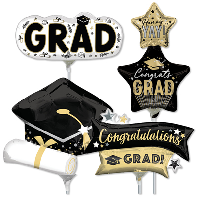 14 Inch Graduation Pre-Inflated Minishape Stick Balloons ProfitPak 16pk