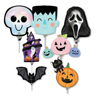 14 Inch Halloween Pre-Inflated Minishape Stick Balloons ProftPak 16pk