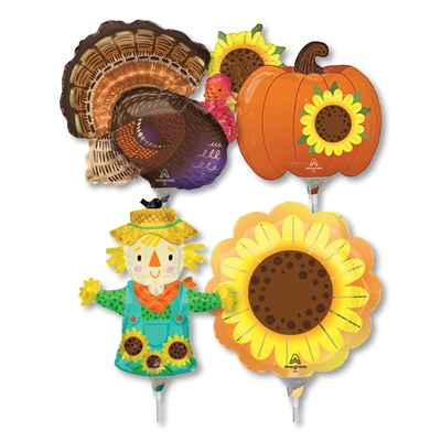 14 Inch Thanksgiving Pre-Inflated Minishape Stick Balloons ProfitPak 16 pk