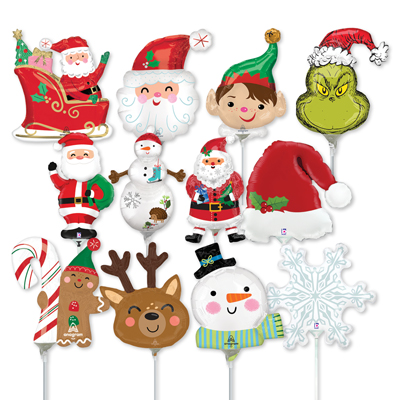 14 Inch Christmas Pre-Inflated Minishape Stick Balloons ProfitPak 16pk