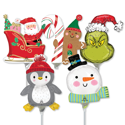 14" Christmas Pre-Inflated Minishape Stick Balloons ProfitPak 16pk