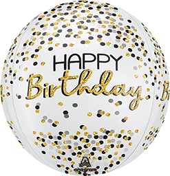 16 Inch Orbz Birthday Black Silver Gold Balloon