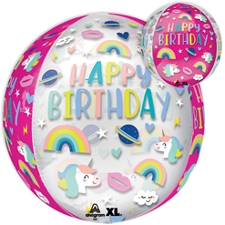 16 Inch Clear Orbz Birthday Unicorn Trendy Icons Balloon