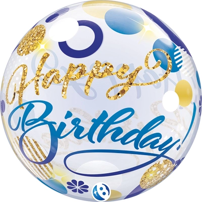 22 Inch Birthday Blue & Gold Dots Bubble Balloon