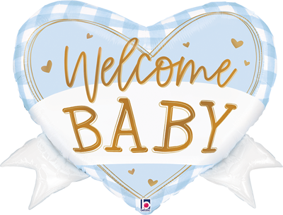 28" Blue Gingham Baby Heart Banner Balloon