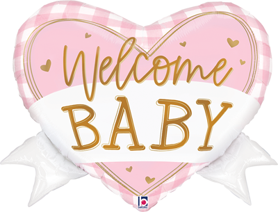 28" Pink Gingham Baby Heart Banner Balloon