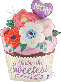 24 Inch Mother's Day Floral Cupcake Holographic Balloon