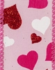 pink ribbon with red white and pink hearts glitter accents bright pink stitched wired edge polyester fabric
