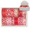 twelve pack of valentine themed wired edge ribbon in assorted colors and heart patterns packaged in clear top box