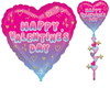 Heart shaped Happy Valentines Day balloon with pink to blue gradient design and cascading tail of small hearts and gold stars