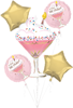 balloon bouquet with pink martini glass balloon confetti detail matching a tini bit older round balloons and gold star balloons for birthday party decor
