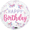 Round balloon with HAPPY Birthday text in purple and pink, colorful bows, and white background with scattered dots