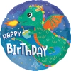 Round foil balloon with green dragon orange wings breathing fire holding cupcake blue background stars and happy birthday text