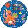 Round foil balloon with orange octopus holding gift and cupcake blue background seahorse fish and multicolored happy birthday text