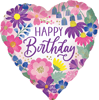 Heart shaped happy birthday foil balloon with colorful floral design flowers greenery and purple script lettering