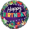 Round purple birthday balloon with colorful Happy Birthday text tropical leaves flowers and string lights festive design