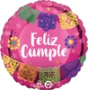 A pink balloon that has banners and the words feliz cumple on it