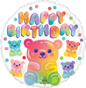 round foil balloon with happy birthday text rainbow gummy bear design smaller colorful bears and confetti pattern for kids party decor
