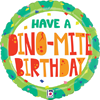round foil balloon with Have a Dino Mite Birthday text orange and red dinosaur inspired lettering colorful confetti accents and green jungle leaf border for dinosaur themed birthday party decor