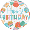 round foil balloon with Happy Birthday text colorful pastel balloon graphics gold accents and confetti details on white background for birthday party celebration decor
