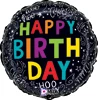 A black balloon with happy birthday written on it