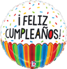 spherical cupcake balloon with Feliz Cumplea�os text colorful confetti sprinkles and rainbow striped cupcake wrapper for Spanish birthday celebration decor