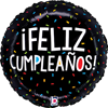round black foil balloon with Feliz Cumplea�os text colorful confetti sprinkles and vibrant Spanish birthday design for fiesta and birthday celebration decor