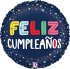 round navy blue foil balloon with Feliz Cumplea�os text colorful multicolor lettering and vibrant star accents in a celestial birthday design for fiesta celebration decor