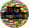 round foil balloon with Feliz Cumplea�os text colorful building block style graphics black center panel and vibrant construction themed birthday design for fiesta celebration decor